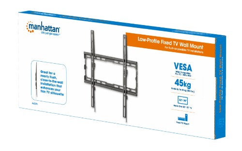 Manhattan Wall Mount for TV & Monitors (Fixed), For screens 32" to 55", VESA compatability: all between 200x200mm and 400x400mm - check the dimensions of the four mounting holes on back of screen to ensure it fits, Max 40kg, Black, Bracket