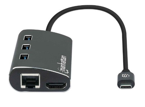 Manhattan USB-C Dock/Hub with Card Reader, Ports (x6): Ethernet, HDMI, USB-A (x3) and USB-C, With Power Delivery (100W) to USB-C Port (Note additional USB-C wall charger and USB-C cable needed), Universal for all devices, Aluminium, Equivalent to DKT30CSD
