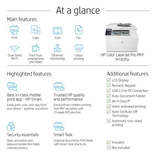 HP LaserJet Pro M183fw Wireless Multifunction Color Printer, Copier, Scanner; Duplex