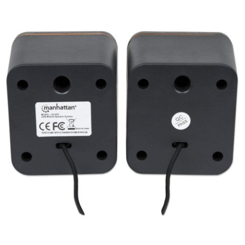 Manhattan 2600 Series Speaker System, Small Size, Big Sound, Two Speakers, Stereo, USB power, Output: 2x 3W, 3.5mm plug for sound, In-Line volume control, Cable 0.9m, Black, Three Year Warranty