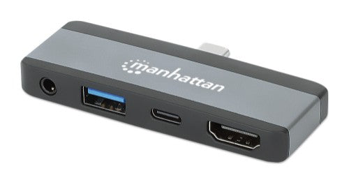 Manhattan USB-C Travel Dock/Hub, Ports (x4): HDMI, USB-A, USB-C and 3.5mm audio, With Power Delivery (100W) to USB-C Port, Black/Space Grey, External Power Supply Not Needed, All Ports can be used at the same time, Universal for all devices, Three Year Wa