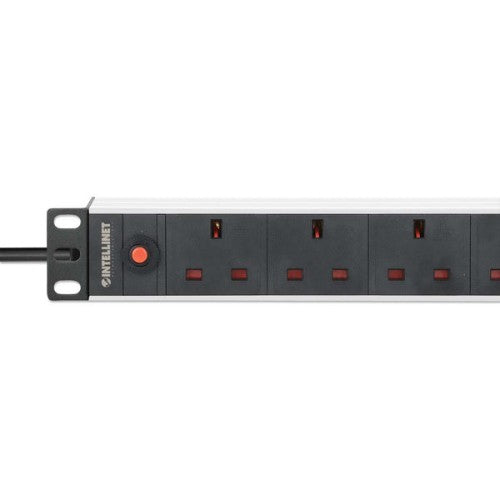 Intellinet 19" 1U PDU 7-way UK, Overload Protection, Rackmount, Power Distribution Unit, UK 3-pin outlets, 3m power cord, output