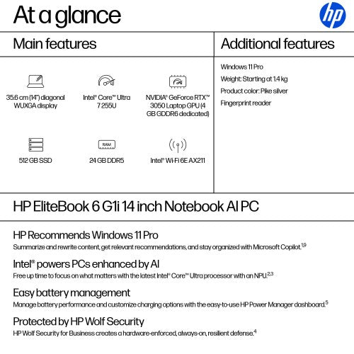 HP EliteBook 6 G1i AI PC Intel Core Ultra 7 255U Laptop 35.6 cm (14") WUXGA 24 GB DDR5-SDRAM 512 GB SSD Wi-Fi 6E (802.11ax) Windows 11 Pro Silver