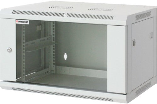 Intellinet 19" Network Cabinet - Wall Mount (Standard), 6U, 450mm Deep, Grey, Assembled, Max 60kg, Suitable also for use on desk or floor, Usable Depth 350mm, Metal & Glass Door, Back Panel, Removeable Sides, Parts for wall install (eg screws/rawl plugs)