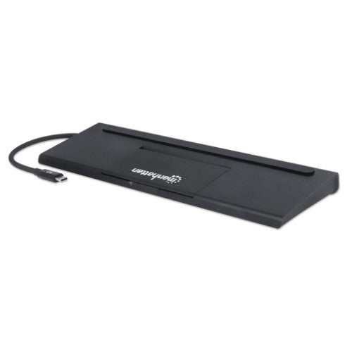 Manhattan USB-C Dock/Hub with Card Reader and MST, Ports (x9): Audio 3.5mm, DisplayPort, Ethernet, HDMI, USB-A (x3), USB-C and VGA, With Power Delivery (100W) to USB-C Port (Note add USB-C wall charger and USB-C cable needed),All Ports can be used at the