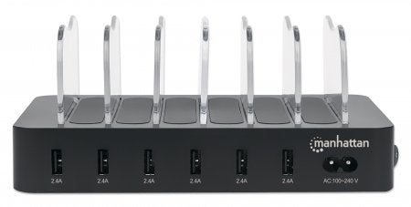 Manhattan Charging Station, 6x USB-A Ports, Outputs: 6x 2.4A, Smart IC, LED Indicator Lights, Black, Three Year Warranty