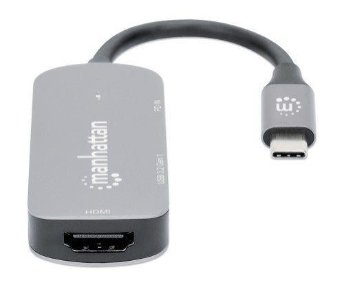 Manhattan USB-C Dock/Hub, Ports (x3): HDMI, USB-A and USB-C, With Power Delivery (100W) to USB-C Port (Note additional USB-C wall charger and USB-C cable needed), HDMI: 4k@60Hz, USB-A: 5 Gbps USB 3.2 Gen1 aka USB 3.0, Universal for all devices, Cable 11cm