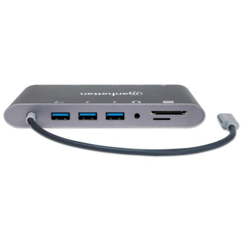 Manhattan USB-C Dock/Hub with Card Reader, Ports (x8): USB-C to HDMI, Audio 3.5mm, Ethernet, Mini DisplayPort, USB-A (x3) and USB-C, With Power Delivery (60W) to USB-C Port (Note add USB-C wall charger and USB-C cable needed), All Ports can be used at the