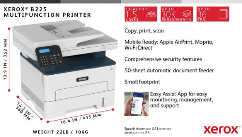 Xerox B225 A4 34ppm Wireless Duplex Copy/Print/Scan PS3 PCL5e/6 ADF 2 Trays 251 Sheets UK