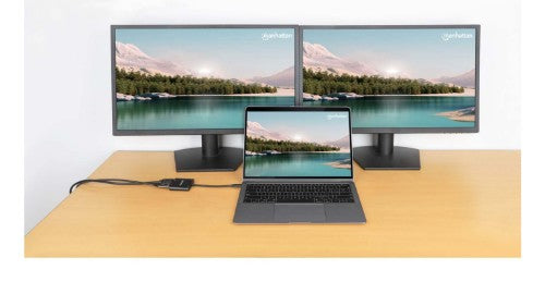 Manhattan USB-C to Dual HDMI & USB-A Adapter, Dual 4K@30Hz or Single 4K@60Hz, Power Delivery 100W, 480 Mbps (USB 2.0), Cable 15cm, Black, Male to Female, Three Year Warranty
