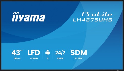 iiyama LH4375UHS-B2AG Signage Display Digital signage flat panel 108 cm (42.5") LCD Wi-Fi 500 cd/m² 4K Ultra HD Black Built-in processor Android 11 24/7