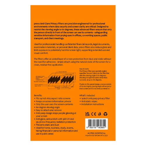 PREVO 14-Inch Anti-Glare Laptop Privacy Screen Filter, Anti-Peep, Anti-Static 35.6 cm (14") Frameless display privacy filter