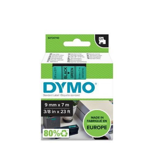Dymo 40919/S0720740 DirectLabel-etikettes black on green 9mm x 7m for Dymo D1 6-12mm/19mm/24mm/9-12mm/9-19mm