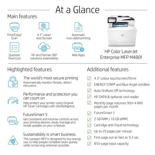 HP Color LaserJet Enterprise LaserJet Enterprise M480f Multifunction Color Printer, Ethernet Only; Copier, Scanner