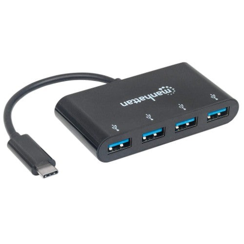 Manhattan USB-C Dock/Hub, Ports (x4): USB-A (x4), 5 Gbps (USB 3.2 Gen1 aka USB 3.0), External Power Supply Not Needed, Universal for all devices, Cable 20cm, SuperSpeed USB, Black, Three Year Warranty, Equivalent to HB30C4AB