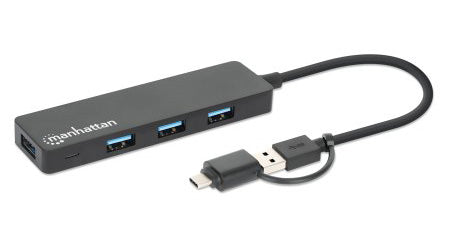 Manhattan USB-C & USB-A Combo Dock/Hub, Ports (4): USB-A (x4), 5 Gbps (USB 3.2 Gen1 aka USB 3.0), External Power Supply Not Needed, Universal for all devices, SuperSpeed USB, Black, Three Year Warranty