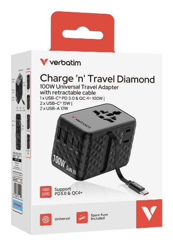 Verbatim Charge 'n' Travel 100W Universal Travel Adapter with retractable cable Black