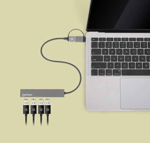 Manhattan USB-C & USB-A Combo Dock/Hub, Ports (4): USB-A (x4), 5 Gbps (USB 3.2 Gen1 aka USB 3.0), USB powered (no external power supply required), Cable 25cm