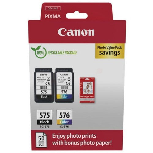Canon 5438C004/PG-575/CL-576 Printhead cartridge multi pack black + color +50 sheet Photopaper PVP 5,6ml + 6,2ml Pack=2 for Canon Pixma TS 3550 i