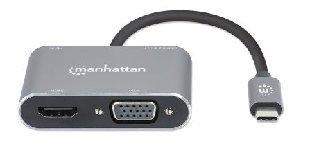 Manhattan USB-C Dock/Hub, Ports (x4): HDMI, USB-A, USB-C and VGA, With Power Delivery (87W) to USB-C Port (Note add USB-C wall charger and USB-C cable needed), All Ports can be used at the same time, Universal for all devices, Aluminium, Space Grey,3 Year