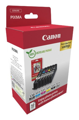 Canon 6117C004/PGI-530/CLI531 Ink cartridge multi pack 1xPGI + 5x CLI Bk,C,M,Y,GY + Photopaper PP-201 18,5ml + 5x 8,2ml Pack=6 for Canon Pixma TS 8750
