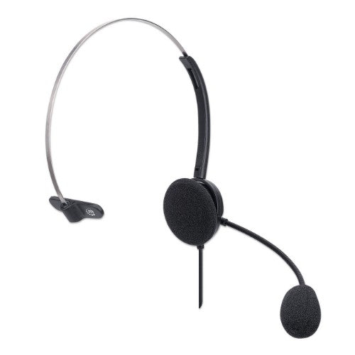 Manhattan Mono Over-Ear Headset (USB), Microphone Boom (padded), Polybag Packaging, Adjustable Headband, In-Line Volume Control, Ear Cushion, USB-A for both sound and mic use, cable 1.5m, Three Year Warranty