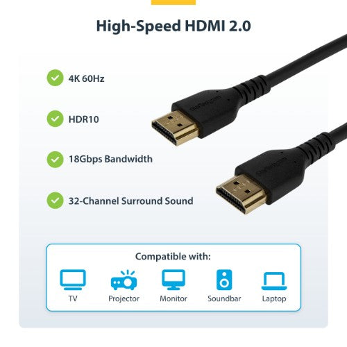 StarTech.com 3ft (1m) Slim HDMI 2.0 Cable, Flexible Premium Certified HDMI Cord with Ethernet, UHD 4K 60Hz HDR10, Durable Aramid Fiber Design with TPE Jacket