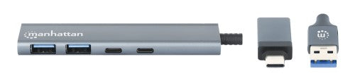 Manhattan USB-C & USB-A Combo Dock/Hub, Ports (4): USB-A (x2) and USB-C (x2), 5 Gbps (USB 3.2 Gen1 aka USB 3.0), External Power Supply Not Needed, Universal for all devices, Aluminium, SuperSpeed USB, Space Grey, Three Year Warranty