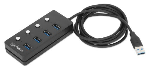 Manhattan USB-C Dock/Hub, Ports (x4) with on/off switch for each port: USB-A (x4), 5 Gbps (USB 3.2 Gen1 aka USB 3.0), Universal for all devices, Bus or AC powered (optional jack, not included), Cable 1.5m, SuperSpeed USB, Black, Three Year Warranty