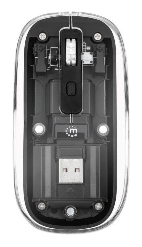 Manhattan Transparent Rechageable Wireless Mouse, Clear/Black, Adjustable 800/1200/1600dpi, With RGB LED light, 2.4Ghz (effective range up to 10m), USB, Optical, Ambidextrous, Four Button with Scroll Wheel, Slim Design, USB-A micro receiver, Lithium Ion b