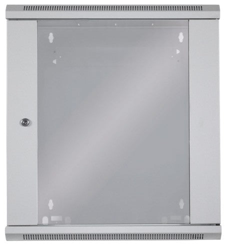 Intellinet 19" Network Cabinet - Wall Mount (Standard), 12U, 450mm Deep, Grey, Flatpack, Max 60kg, Suitable also for use on desk or floor, Usable Depth 260mm, Metal & Glass Door, Back Panel, Removeable Sides, Parts for wall install (eg screws/rawl plugs)