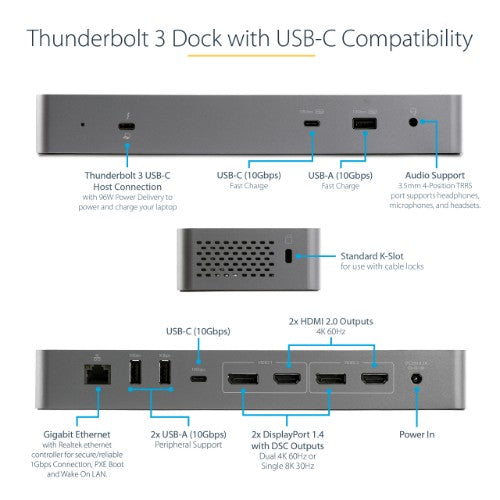StarTech.com USB C Docking Station for Macbook Pro/Air-M1/M2/M3/M4, Thunderbolt Compatible, HDMI/DisplayPort, Dual 4K 60Hz/Single 8K, USB Type-C Laptop Dock, 96W Power Delivery, USB 10Gbps