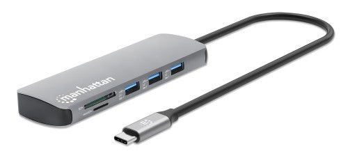 Manhattan USB-C Dock/Hub with Card Reader, Ports (x7): Ethernet, HDMI, USB-A (x3) and USB-C (x2), With Power Delivery (100W) to USB-C Port (Note additional USB-C wall charger and USB-C cable needed), USB 3.2 Gen 1, All Ports can be used at the same time,