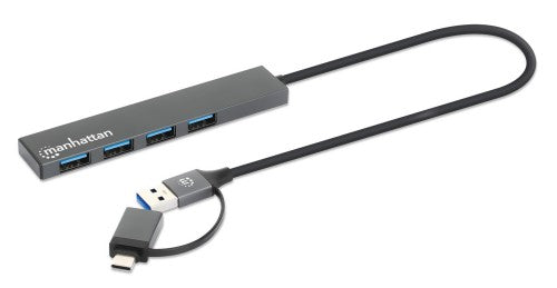 Manhattan USB-C & USB-A Combo Dock/Hub, Ports (4): USB-A (x4), 5 Gbps (USB 3.2 Gen1 aka USB 3.0), USB powered (no external power supply required), Cable 25cm