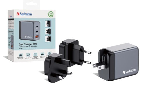 Verbatim GNC-65 GaN Charger 65W with 2 x USB-C PD 65W / 1 x USB-A QC 3.0 (EU/UK/US)