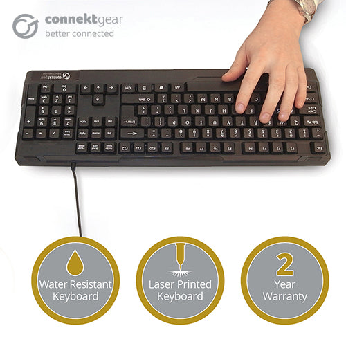connektgear KB232 USB Standard UK Layout Keyboard - Water Resistant - Black