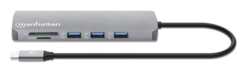 Manhattan USB-C Dock/Hub with Card Reader, Ports (x7): Ethernet, HDMI, USB-A (x3) and USB-C (x2), with Power Delivery (PD) 100W- requires external USB-C charger (not included). USB powered (no external power supply required) when PD is not in use
