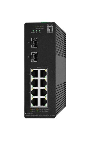 LevelOne Hilbert 10-Port Industrial Gigabit PoE Smart Lite Switch, 2 x SFP, 8 PoE Outputs, 802.3at/af PoE