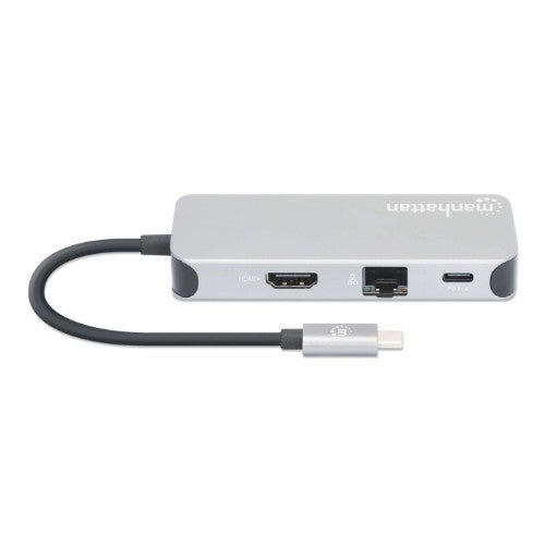 Manhattan USB-C Dock/Hub with Card Reader, Ports (x6): Ethernet, HDMI, USB-A (x3) and USB-C, With Power Delivery (10W) to USB-C Port (Note additional USB-C wall charger and USB-C cable needed), Universal for all devices, Cable 15cm, Aluminium, Silver