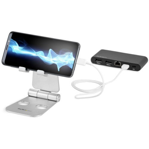 StarTech.com Phone and Tablet Stand - Foldable Universal Mobile Device Holder for Smartphones & Tablets - Adjustable Multi-Angle Ergonomic Cell Phone Stand for Desk - Portable - Silver