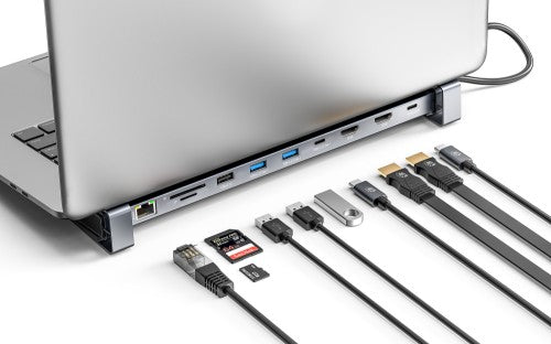 Manhattan USB-C Dock/Hub with Card Reader and MST, Ports (x7): Ethernet, HDMI (x2 4k@60Hz), USB-A (x3) and USB-C, with Power Delivery (PD) 100W- requires external USB-C charger (not included). USB powered (no external power supply required) when PD is not