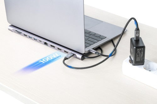 Manhattan USB-C Dock/Hub with Card Reader, Ports (x10): Audio 3.5mm, DisplayPort, Ethernet, HDMI (x2),USB-A (x3) and USB-C (x2),Power Delivery (100W) to USB-C Port (Note add USB-C wall charger and USB-C cable needed),All Ports can be used at the same time