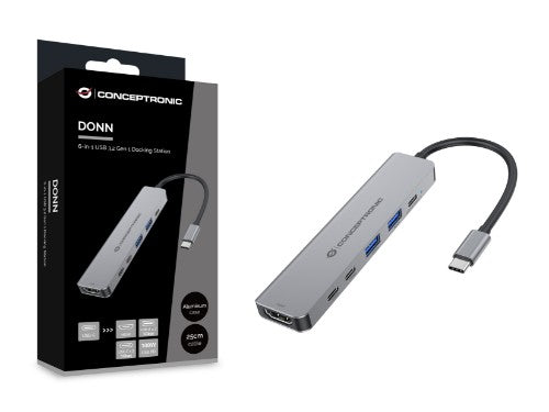 Conceptronic DONN33G 6-in-1 USB 3.2 Gen 1 Docking Station, HDMI, USB-A 5Gbps x 2, USB-C 5Gbps x 2, 100W USB PD
