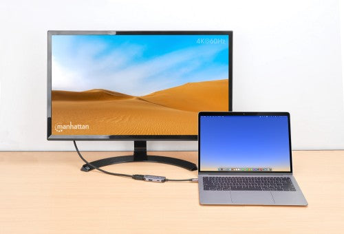 Manhattan USB-C Dock/Hub, Ports (x3): HDMI, USB-A and USB-C, With Power Delivery (100W) to USB-C Port (Note additional USB-C wall charger and USB-C cable needed), HDMI: 4k@60Hz, USB-A: 5 Gbps USB 3.2 Gen1 aka USB 3.0, Universal for all devices, Cable 11cm