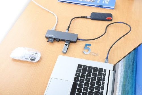 Manhattan USB-C Dock/Hub with Card Reader, Ports (x7): Ethernet, HDMI, USB-A (x3) and USB-C (x2), with Power Delivery (PD) 100W- requires external USB-C charger (not included). USB powered (no external power supply required) when PD is not in use