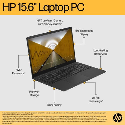 HP 15-fc0537na AMD Ryzen™ 5 7520U Laptop 39.6 cm (15.6") Full HD 8 GB LPDDR5-SDRAM 512 GB SSD Wi-Fi 6 (802.11ax) Windows 11 Home Black