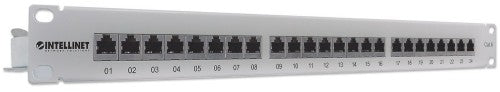 Intellinet Patch Panel, Cat6, FTP, 24-Port, 1U, Shielded, 90° Top-Entry Punch-Down Blocks, Grey