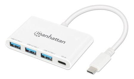 Manhattan USB-C Dock/Hub, Ports (4): USB-A (x3) and USB-C, 5 Gbps (USB 3.2 Gen1 aka USB 3.0), With Power Delivery (100W) to USB-C Port (Note additional USB-C wall charger and USB-C cable needed), Universal for all devices, SuperSpeed USB, White, PD