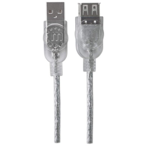 Manhattan USB-A to USB-A Extension Cable, 3m, Male to Female, Translucent Silver, 480 Mbps (USB 2.0), Hi-Speed USB, Lifetime Warranty, Equivalent to USBEXTAA10BK (except colour).