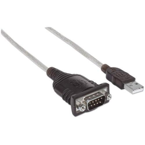 Manhattan USB-A to Serial Converter cable, 45cm, Male to Male, Serial/RS232/COM/DB9, Prolific PL-2303RA Chip, Black/Silver cable, Three Year Warranty, Equivalent to ICUSB232V2.